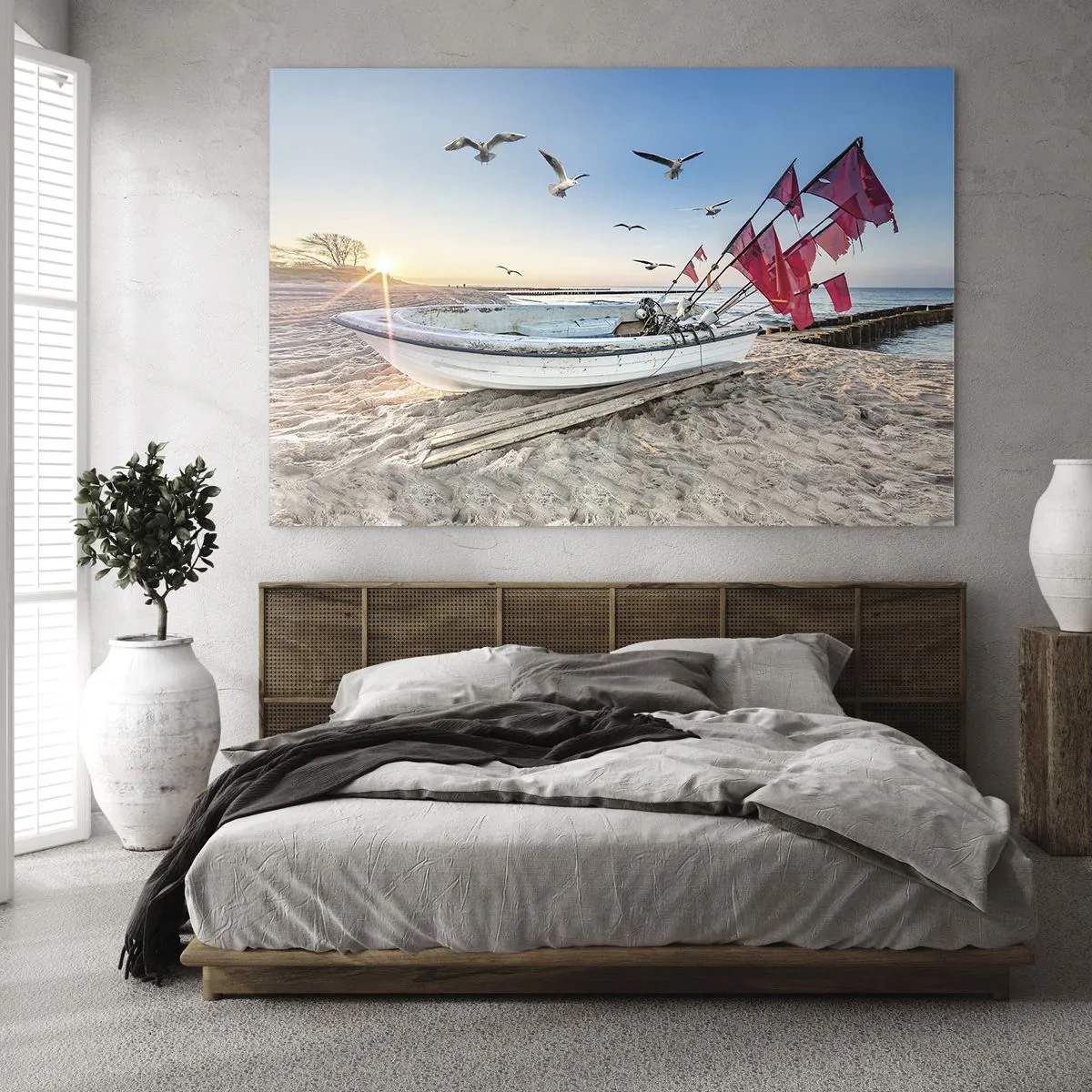Impression sur verre - Image sur verre - Bateau de pêche sur la plage au lever du soleil - 70x50cm - Repos mérité - Décoration murale moderne pour le salon et la chambre ARTTOR
