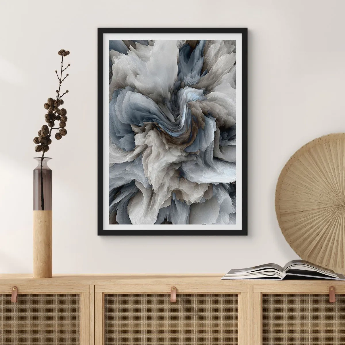 Affiche dans un cadre noir - Poster - Une explosion abstraite de couleurs dans des tons de gris et de bleu. - 50x70cm - Pierre et fleur - Décoration murale moderne pour le salon et la chambre ARTTOR
