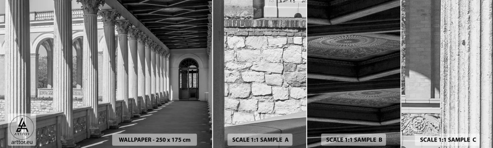 Échantillon De Papier Peint Standard Eco - Arcade ensoleillée - Colonnes, Architecture, Classique - 100x30 cm