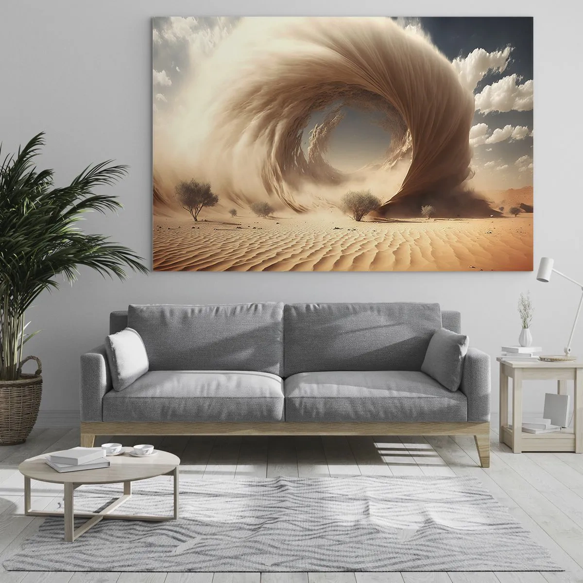 Impression sur verre - Image sur verre - Un vortex de sable du désert crée un portail depuis le ciel et les dunes. - 70x50cm - Portail ouvert - Décoration murale moderne pour le salon et la chambre ARTTOR