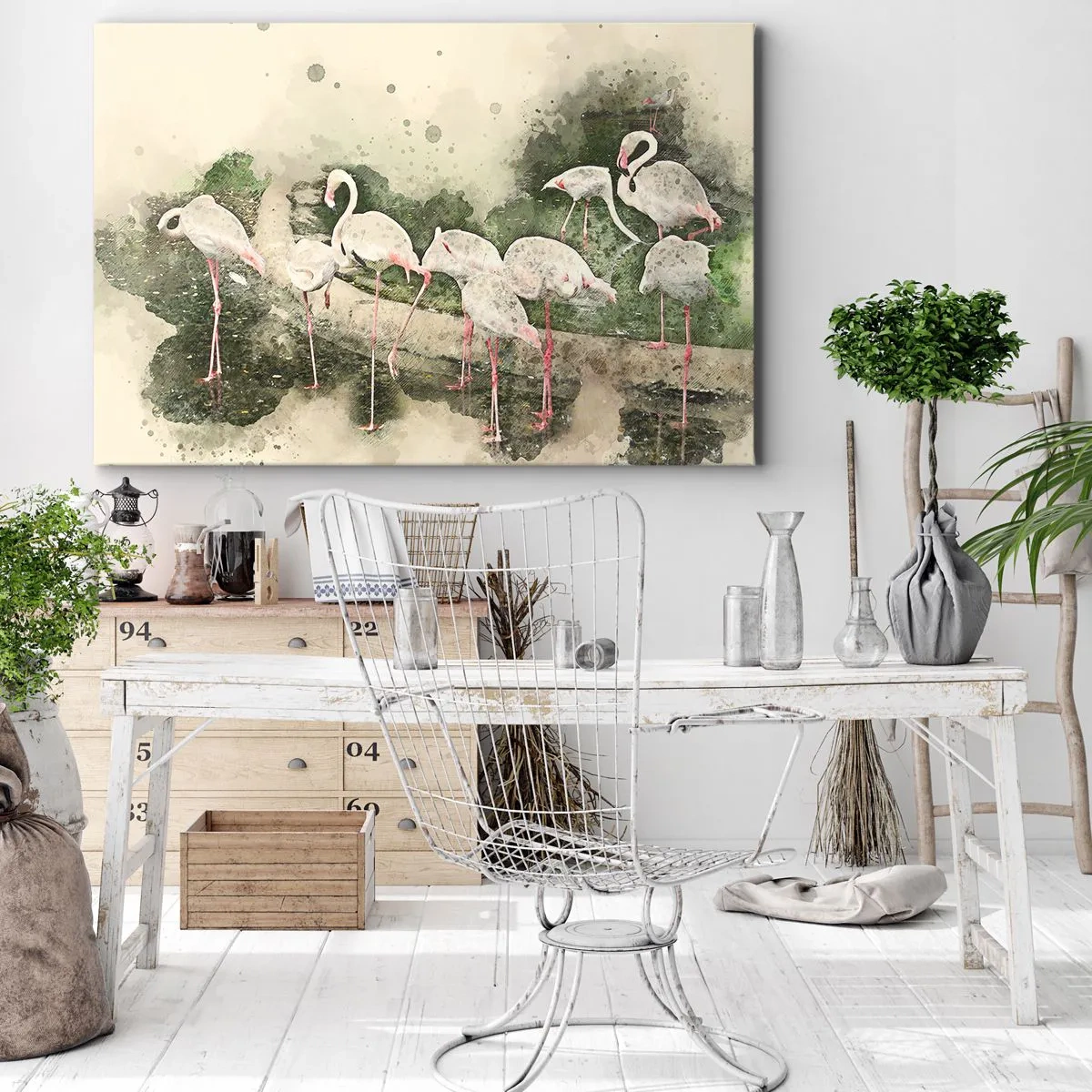 Impression sur toile - Image sur toile - Flamants roses dans leur environnement naturel dans un style aquarelle - 70x50cm - Rêve exotique - Décoration murale moderne pour le salon et la chambre ARTTOR