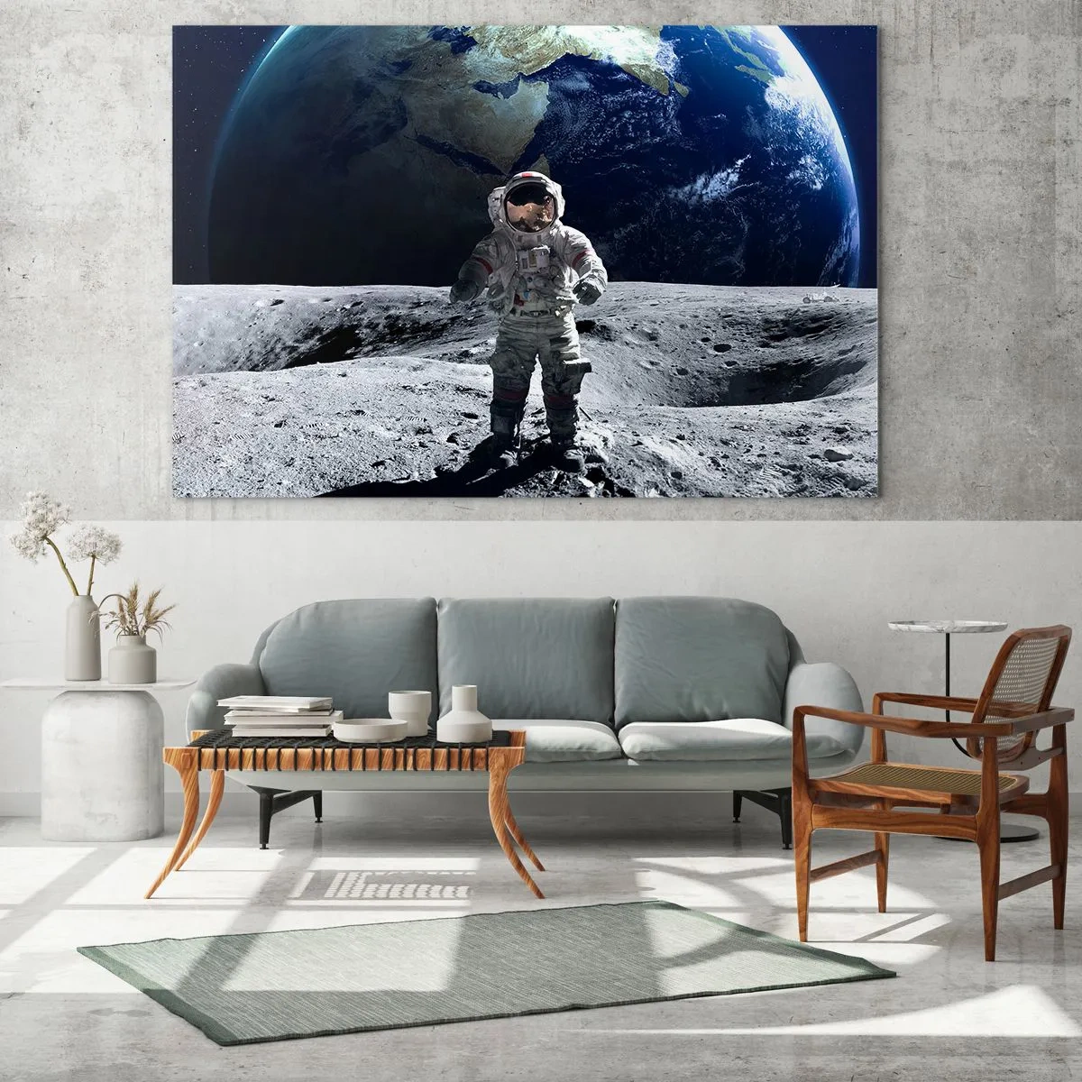 Impression sur verre - Image sur verre - Astronaute à la surface de la Lune avec la Terre en arrière-plan - 120x80cm - Salutations de la lune - Décoration murale moderne pour le salon et la chambre ARTTOR