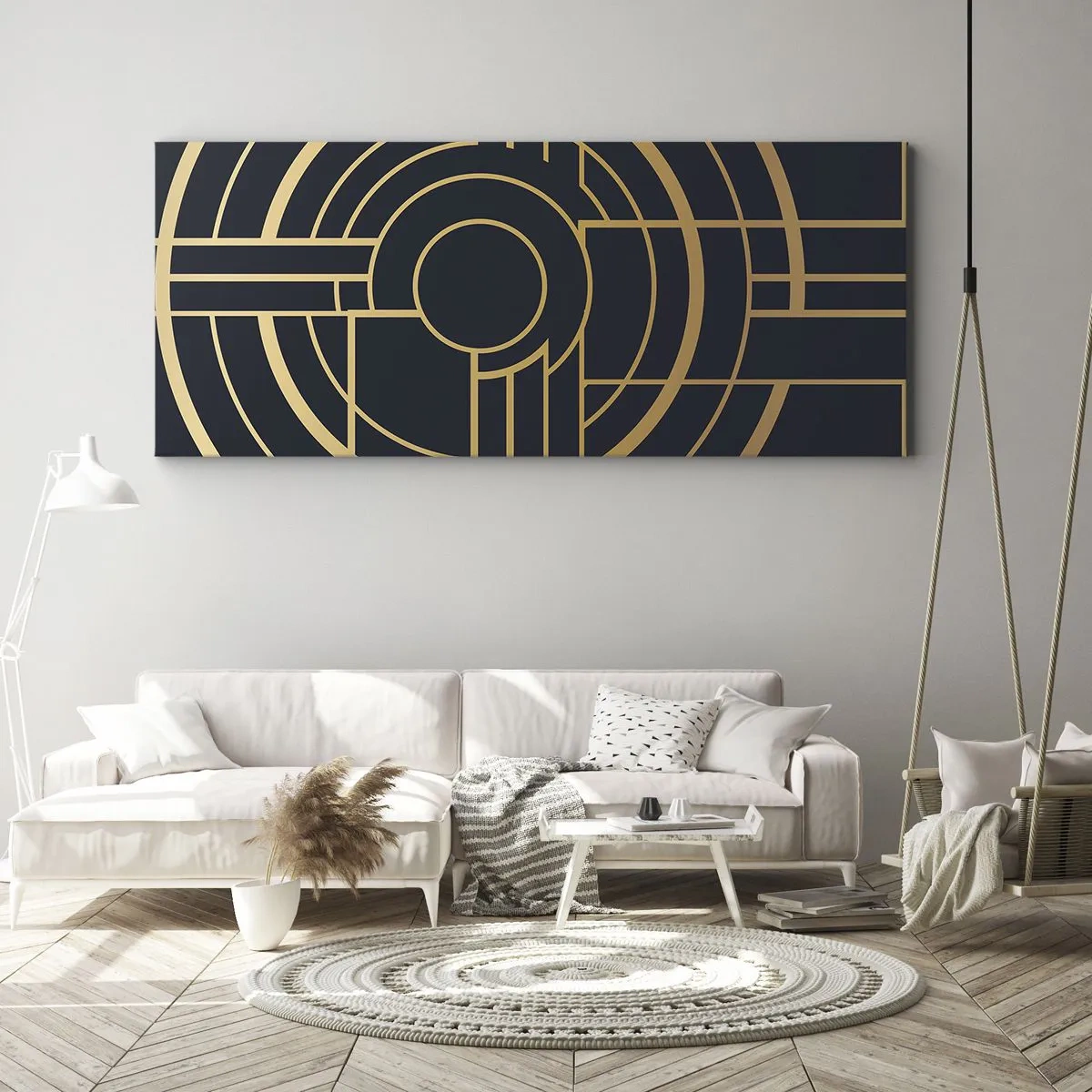 Impression sur toile - Image sur toile - Motif géométrique avec des lignes dorées - 120x50cm - Rotation des éléments - Décoration murale moderne pour le salon et la chambre ARTTOR