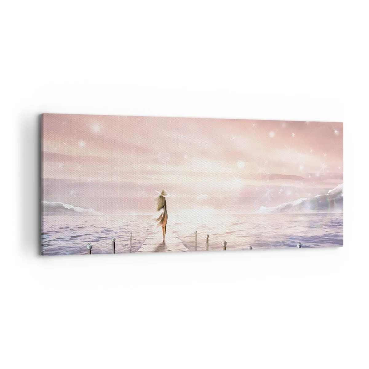 Impression sur toile - Image sur toile - Une femme sur une jetée dans un décor de coucher de soleil magique - 120x50cm - A la lumière d'un rêve - Décoration murale moderne pour le salon et la chambre ARTTOR