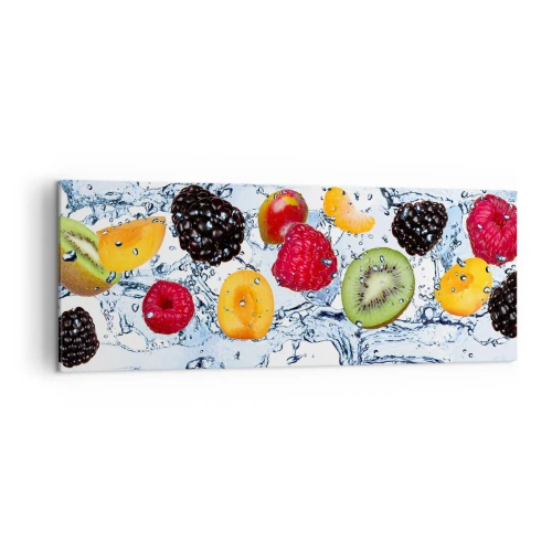 Impression sur toile - Image sur toile - Fruits colorés immergés dans des éclaboussures d'eau sur un fond blanc - 140x50cm - Amusez-vous avec nous - Décoration murale moderne pour le salon et la chambre ARTTOR