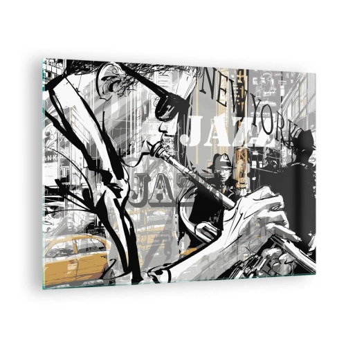 Impression sur verre - Image sur verre - Un dessin élégant d'un musicien de jazz jouant de la trompette dans un décor new-yorkais. - 70x50cm - Au rythme de New York - Décoration murale moderne pour le salon et la chambre ARTTOR