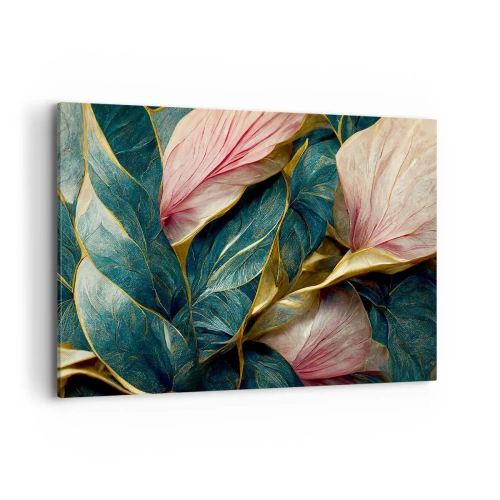 Impression sur toile - Image sur toile - Feuilles élégantes en vert, or et rose - 100x70cm - Élégance et style naturels - Décoration murale moderne pour le salon et la chambre ARTTOR