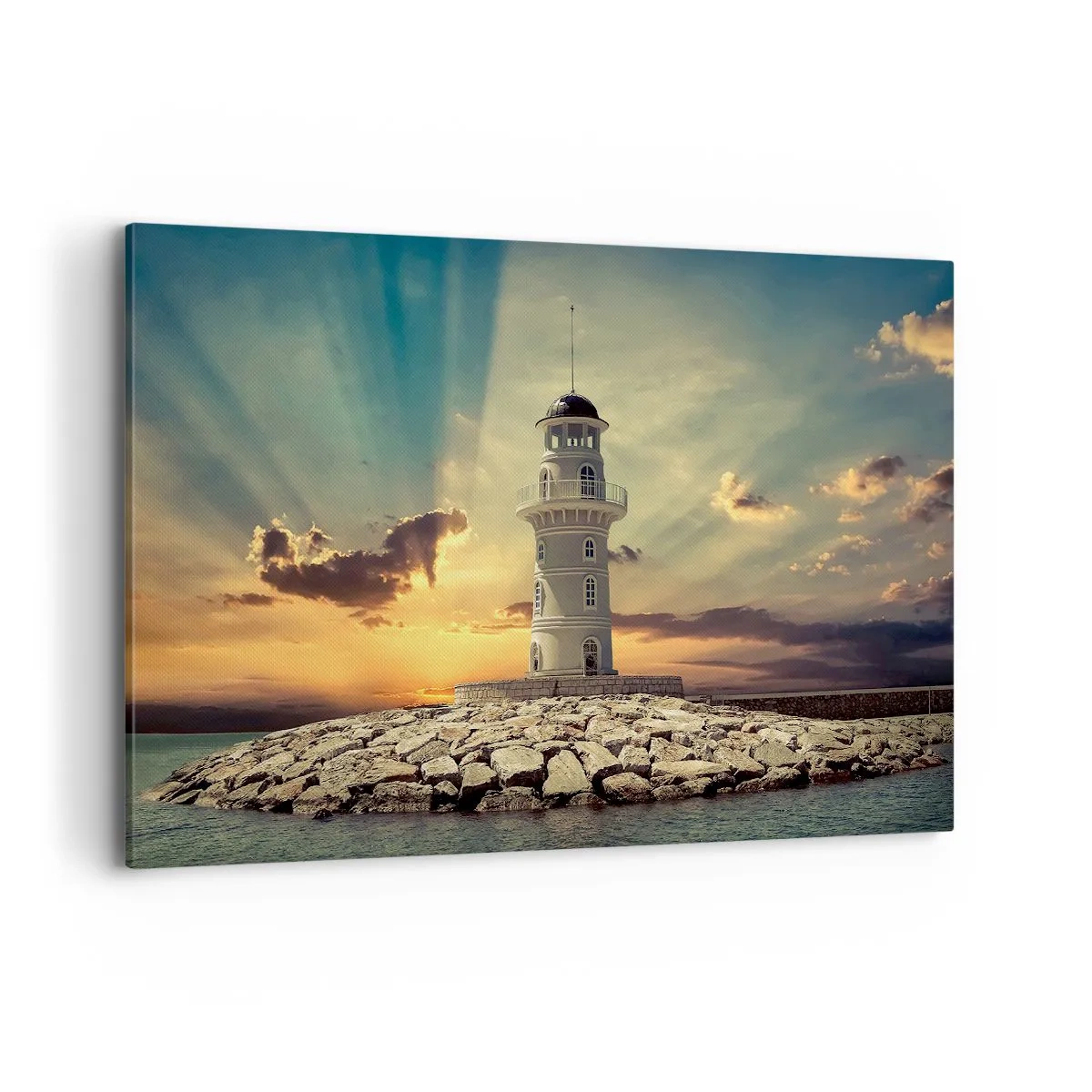 Impression sur toile - Image sur toile - Un phare au coucher du soleil contre le ciel - 120x80cm - Lumière - Bonté - Beauté - Décoration murale moderne pour le salon et la chambre ARTTOR