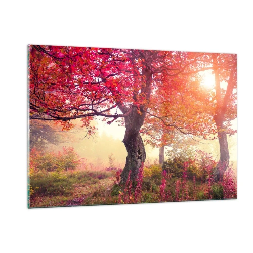 Impression sur verre - Image sur verre - Forêt d'automne avec des rayons de soleil le matin - 120x80cm - Frénésie de floraison - Décoration murale moderne pour le salon et la chambre ARTTOR