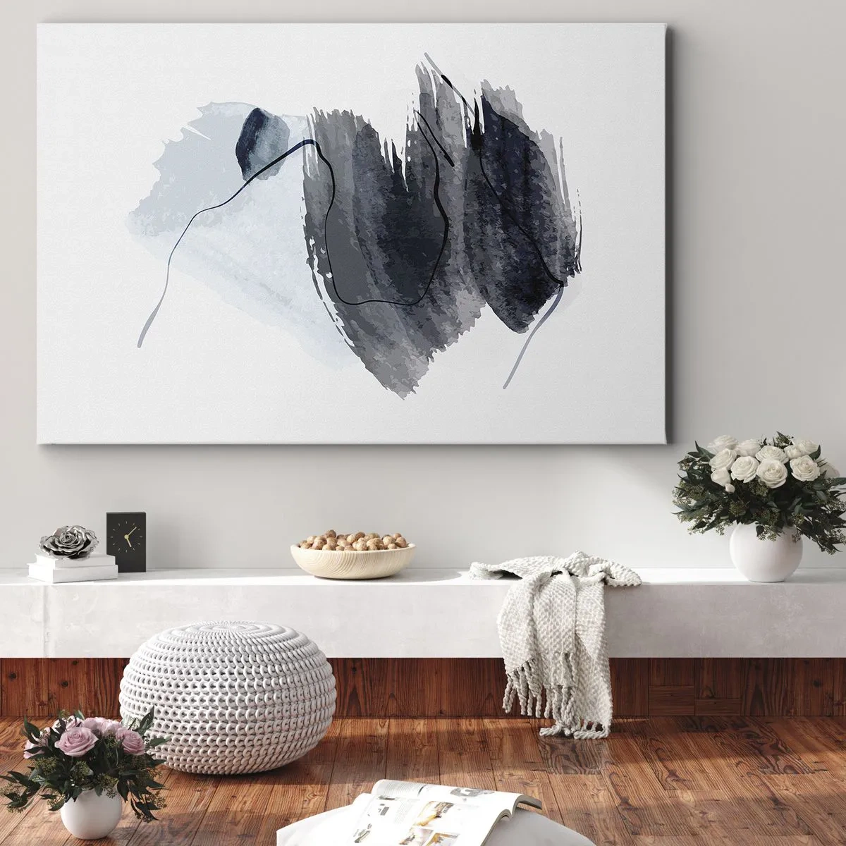 Impression sur toile - Image sur toile - Composition abstraite dans les tons de gris et de bleu - 70x50cm - Intensité et mouvement - Décoration murale moderne pour le salon et la chambre ARTTOR
