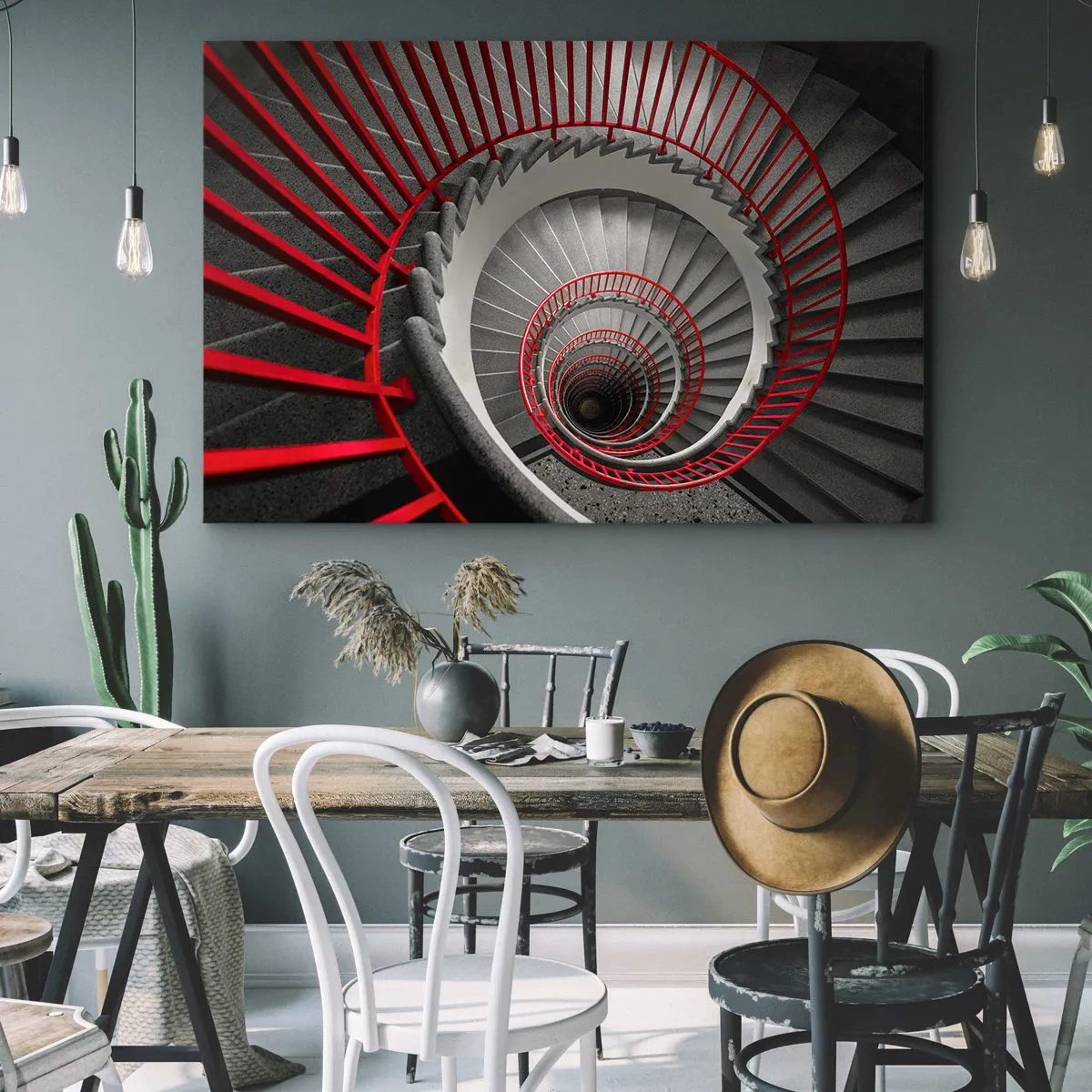 Impression sur toile - Image sur toile - Escalier en colimaçon avec rampes rouges dans une perspective dynamique - 70x50cm - Amusement architectural - Décoration murale moderne pour le salon et la chambre ARTTOR
