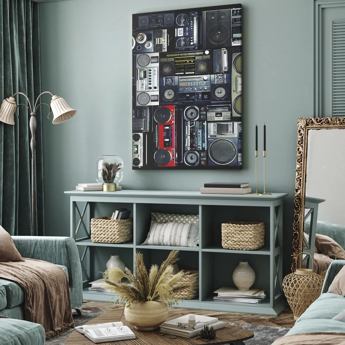 Impression sur toile - Image sur toile - Un collage de magnétophones rétro et d'enceintes vintage. - 50x70cm - Nostalgie des années 80 - Décoration murale moderne pour le salon et la chambre ARTTOR