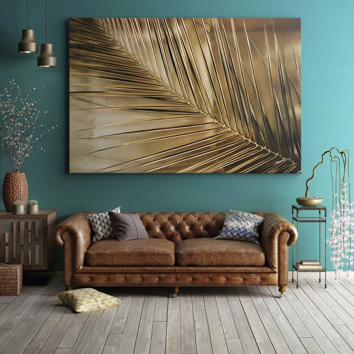 Impression sur toile - Image sur toile - Feuille de palmier dorée sur fond uni - 70x50cm - Colonnade naturelle - Décoration murale moderne pour le salon et la chambre ARTTOR