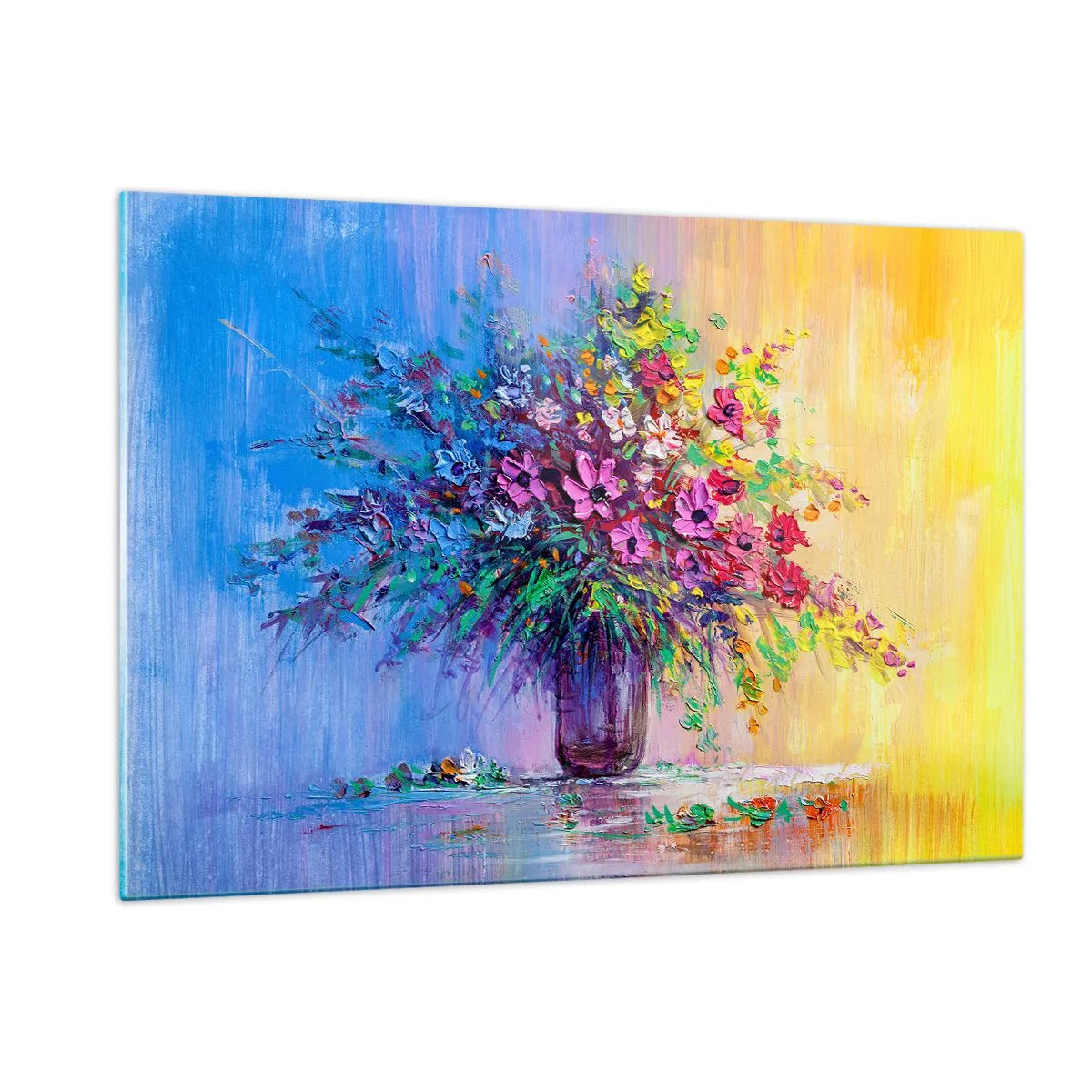 Impression sur verre - Image sur verre - Un bouquet de fleurs colorées dans un vase sur un fond abstrait - 120x80cm - Cadeau d'été de la prairie - Décoration murale moderne pour le salon et la chambre ARTTOR