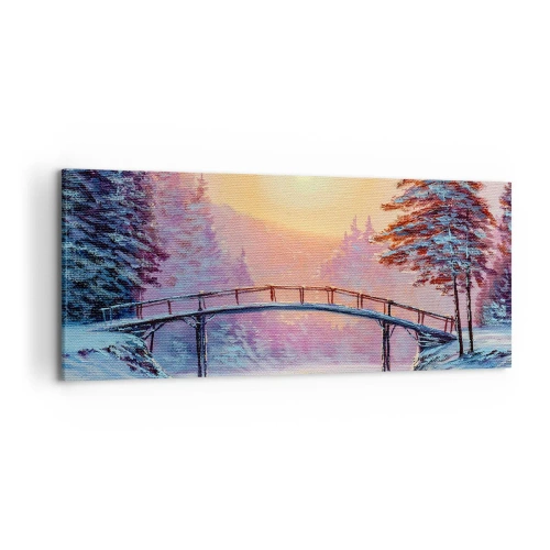 Impression sur toile - Image sur toile - Paysage d'hiver avec un pont illuminé par le coucher du soleil - 120x50cm - Quatre saisons - hiver - Décoration murale moderne pour le salon et la chambre ARTTOR