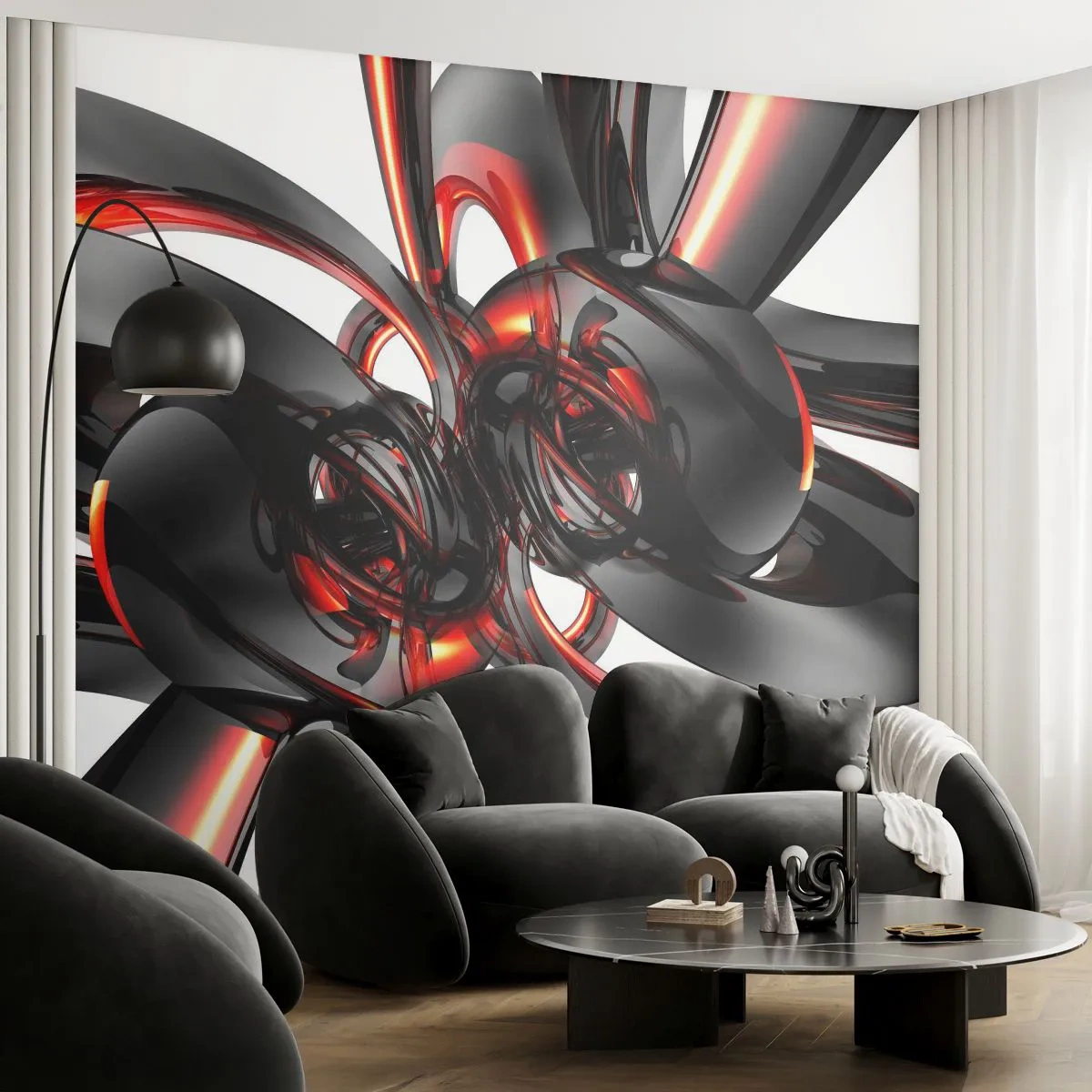 Papier Peint Autocollant Deluxe Sticker - Mouvement de graphite et rouge - Abstraction, 3D, Morceau - 250x175 cm