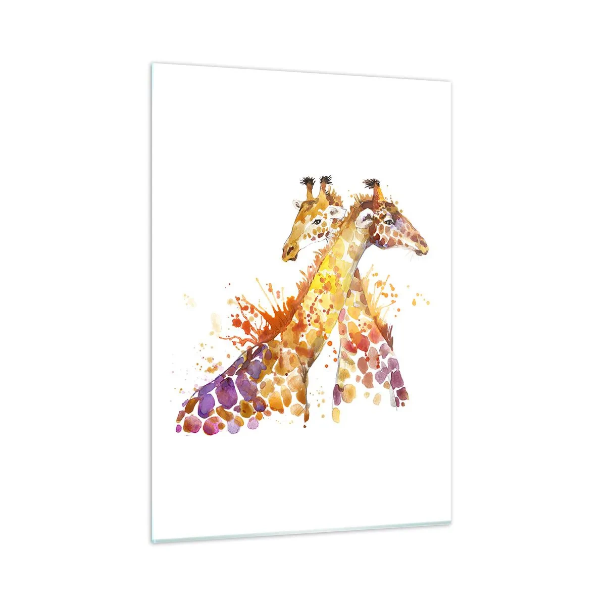 Impression sur verre - Image sur verre - Girafes artistiques en style aquarelle sur fond blanc - 50x70cm - Est-ce de l'amitié ou de l'amour? - Décoration murale moderne pour le salon et la chambre ARTTOR