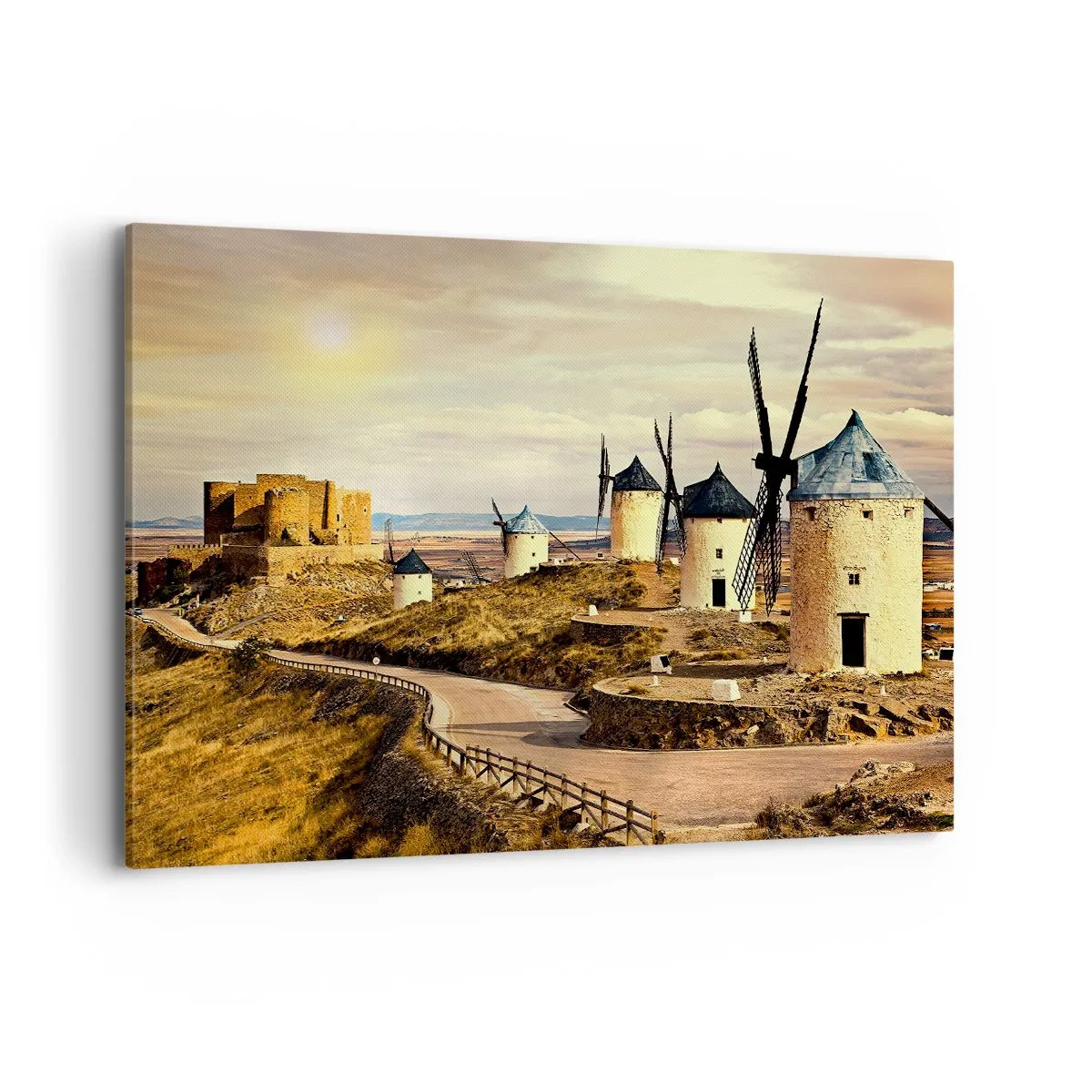 Impression sur toile - Image sur toile - Moulins à vent sur les collines avec un château historique en arrière-plan - 120x80cm - Don Quichotte est sur le point d'arriver - Décoration murale moderne pour le salon et la chambre ARTTOR