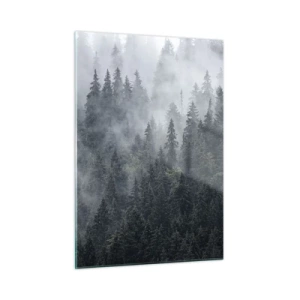 Impression sur verre - Image sur verre - Brouillard suspendu au-dessus de la dense forêt de conifères le matin - 50x70cm - Aube de la forêt - Décoration murale moderne pour le salon et la chambre ARTTOR