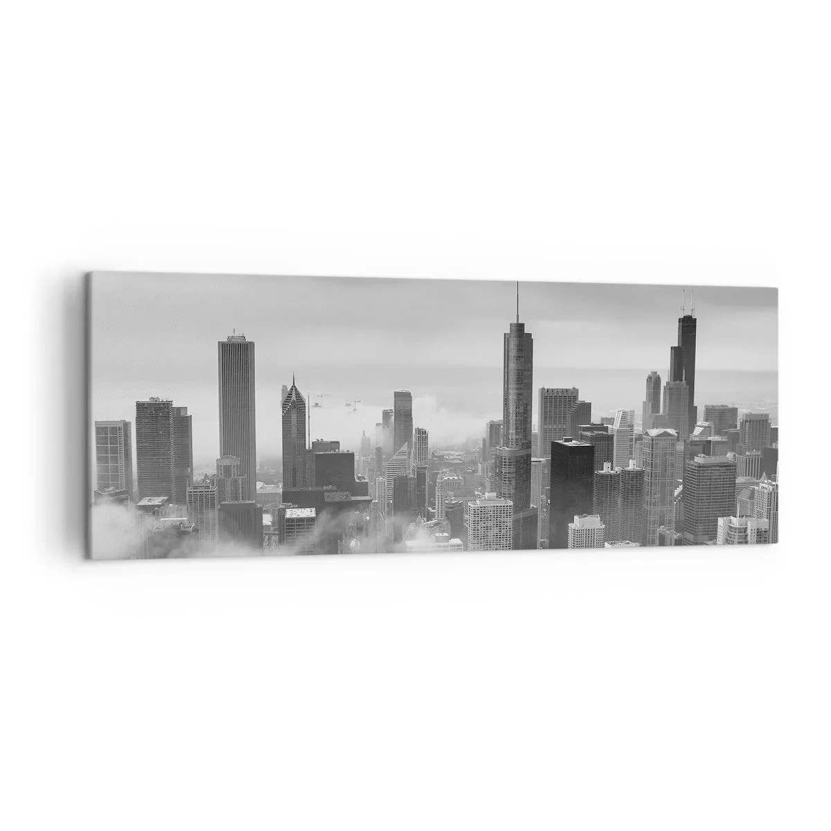 Impression sur toile - Image sur toile - Panorama de la ville avec des gratte-ciels dans les nuages en noir et blanc - 140x50cm - Paysage américain - Décoration murale moderne pour le salon et la chambre ARTTOR