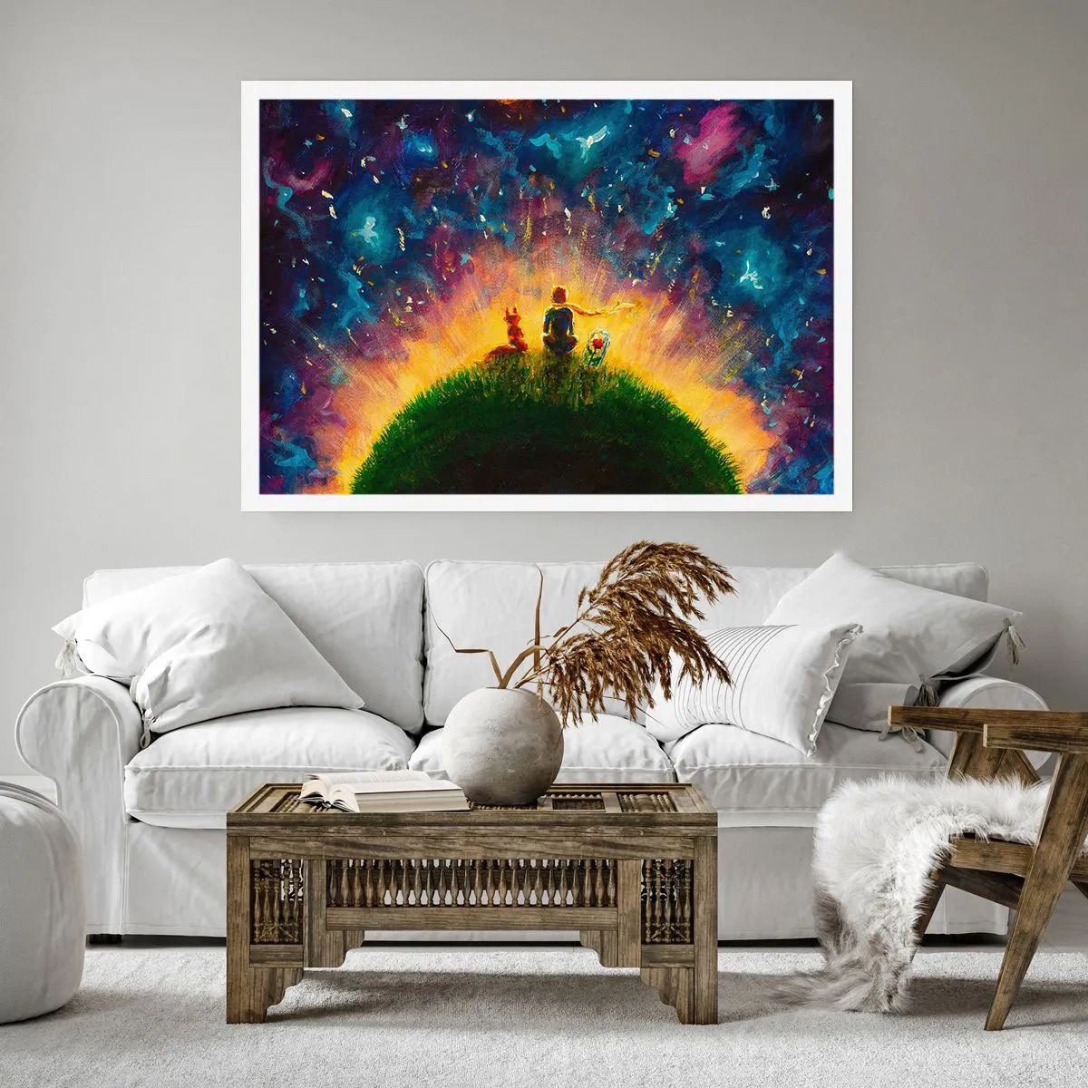 Affiche - Poster - Personnages sur une colline verdoyante entourée d'un ciel étoilé - 100x70cm - Amour et amitié - le monde entier - Décoration murale moderne pour le salon et la chambre ARTTOR