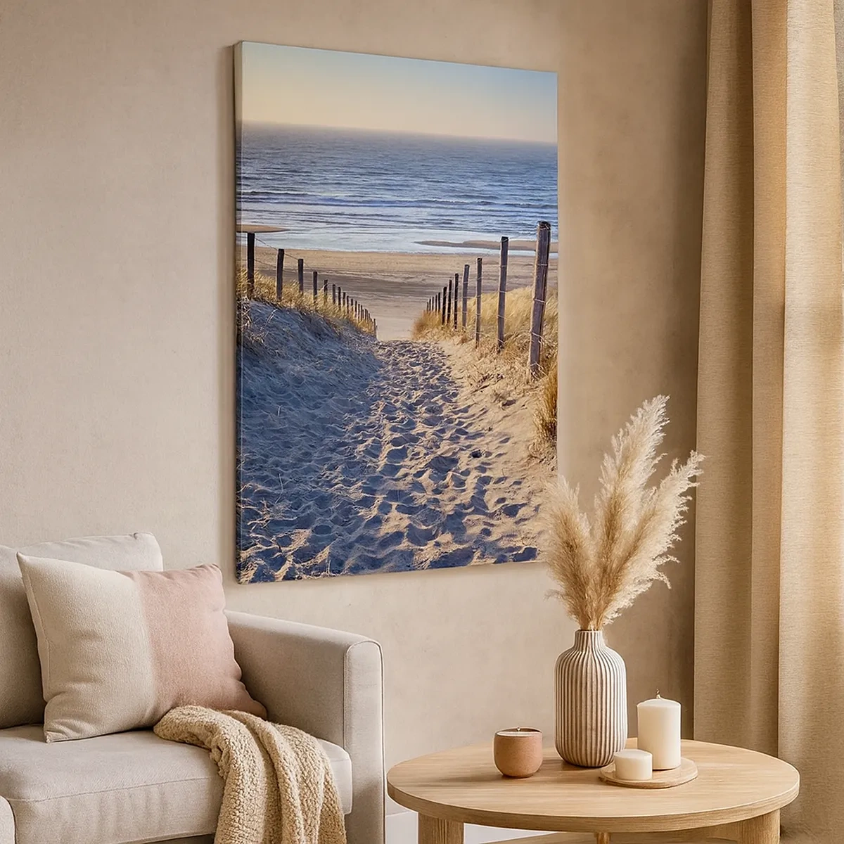 Impression sur toile - Image sur toile - Chemin à travers les dunes menant à la plage - 50x70cm - Le bruit de la mer, le chant des oiseaux, une plage sauvage parmi les herbes… - Décoration murale moderne pour le salon et la chambre ARTTOR