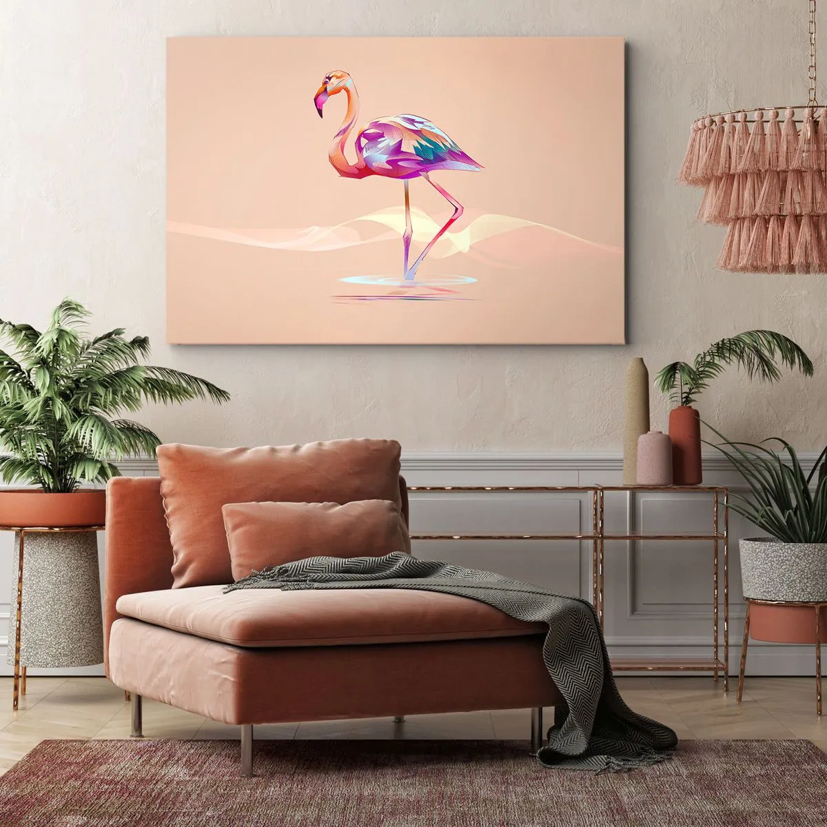 Impression sur toile - Image sur toile - Un flamant rose abstrait aux couleurs claires et pastel. - 100x70cm - L'oiseau des bonnes émotions - Décoration murale moderne pour le salon et la chambre ARTTOR