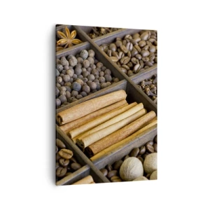 Impression sur toile - Image sur toile - Épices et café dans des compartiments en bois - 50x70cm - Trésor d'arômes - Décoration murale moderne pour le salon et la chambre ARTTOR
