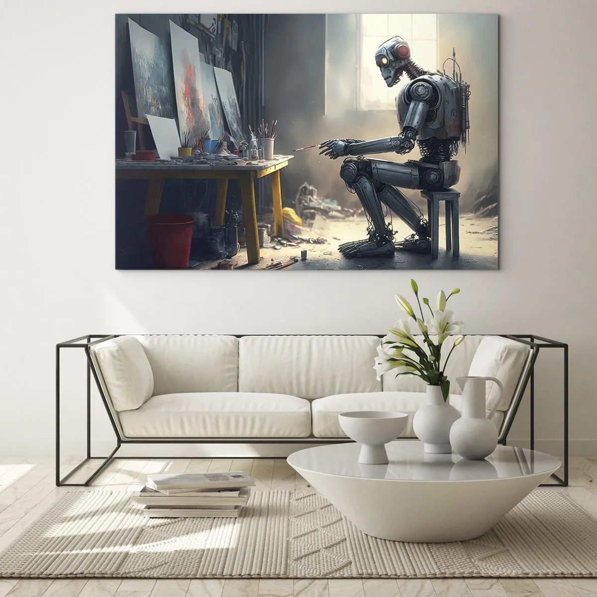 Impression sur verre - Image sur verre - Un robot peignant des tableaux dans un atelier d'art - 120x80cm - L'acte de création - Décoration murale moderne pour le salon et la chambre ARTTOR