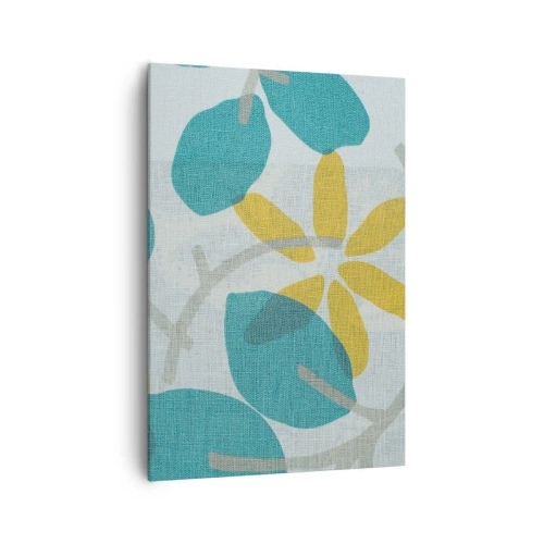Impression sur toile - Image sur toile - Feuilles aux tons turquoise et jaune sur fond clair - 70x100cm - Wśród lazurowych liści - Décoration murale moderne pour le salon et la chambre ARTTOR