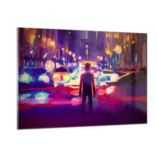 Impression sur verre - Image sur verre - Une silhouette dans une veilleuse urbaine colorée et futuriste - 120x80cm - Immergé dans la lumière - Décoration murale moderne pour le salon et la chambre ARTTOR