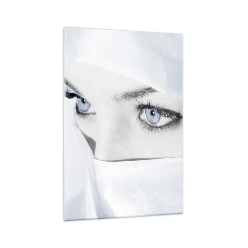 Impression sur verre - Image sur verre - Portrait d'une femme aux yeux bleus cachés derrière un voile blanc - 70x100cm - Directement des mille et une nuits - Décoration murale moderne pour le salon et la chambre ARTTOR