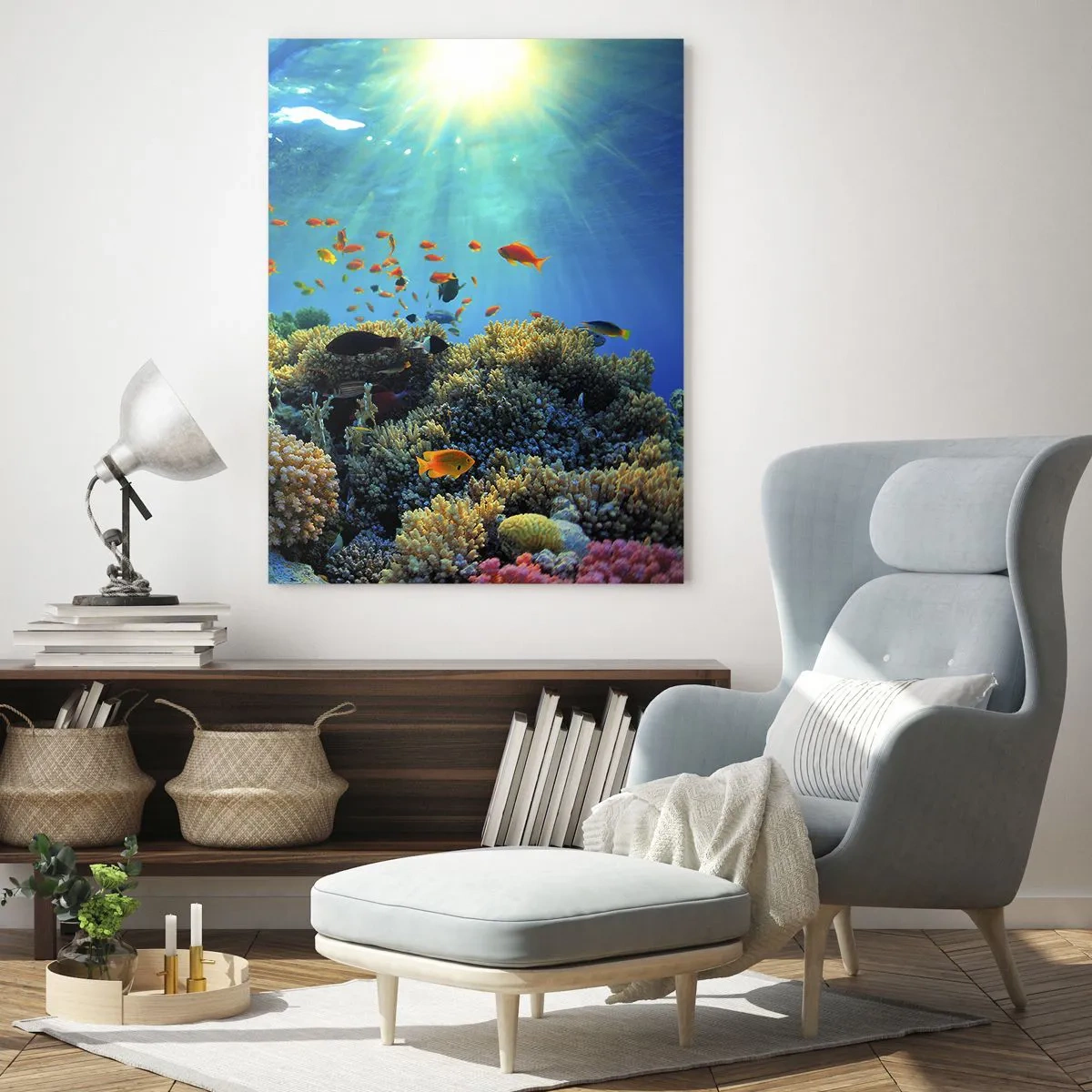 Impression sur verre - Image sur verre - Récif corallien avec des poissons sous les rayons du soleil sous l'eau - 80x120cm - Trésor sous-marin - Décoration murale moderne pour le salon et la chambre ARTTOR