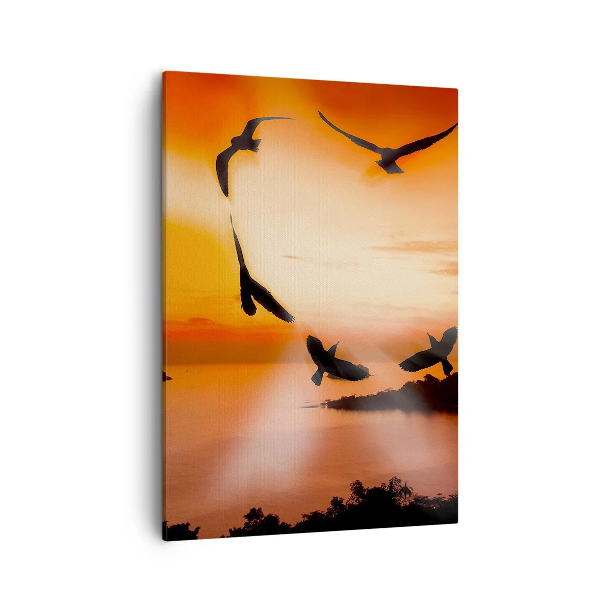 Impression sur toile - Image sur toile - Oiseaux formant un cœur sur fond de soleil couchant - 50x70cm - Aimer le monde comme les oiseaux - Décoration murale moderne pour le salon et la chambre ARTTOR