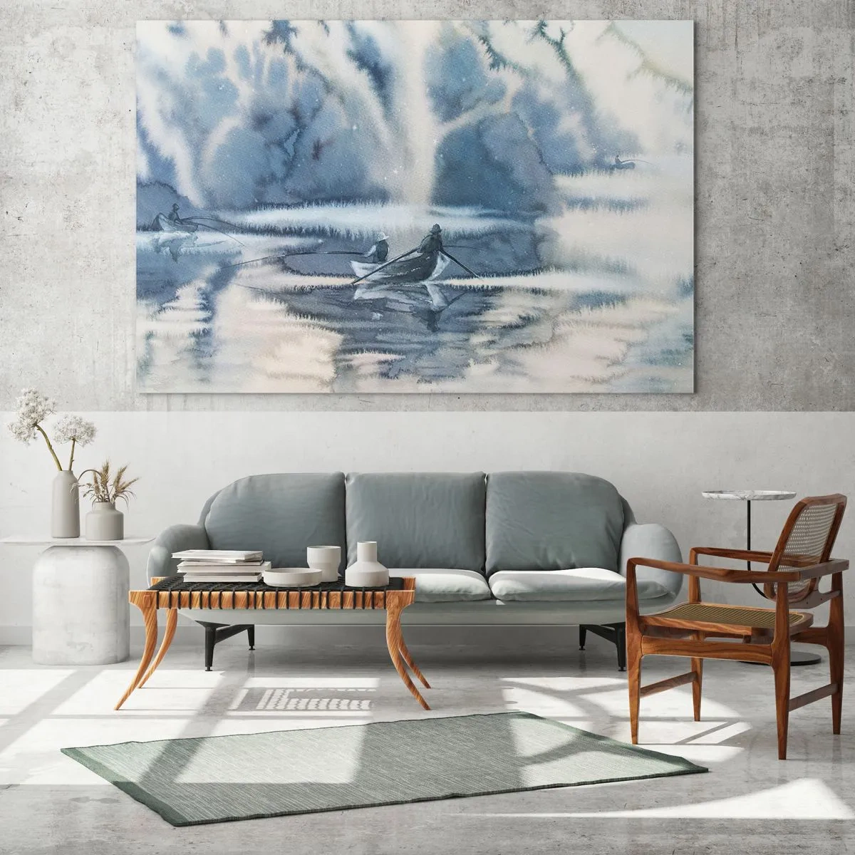 Impression sur verre - Image sur verre - Deux pêcheurs sur un bateau entourés d'un paysage brumeux - 70x50cm - Les pêcheurs dans leur paradis - Décoration murale moderne pour le salon et la chambre ARTTOR