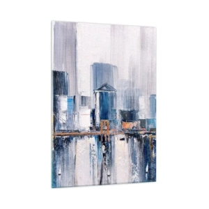 Impression sur verre - Image sur verre - Panorama abstrait de la ville avec des gratte-ciel et un pont aux couleurs froides - 50x70cm - Impression new-yorkaise - Décoration murale moderne pour le salon et la chambre ARTTOR