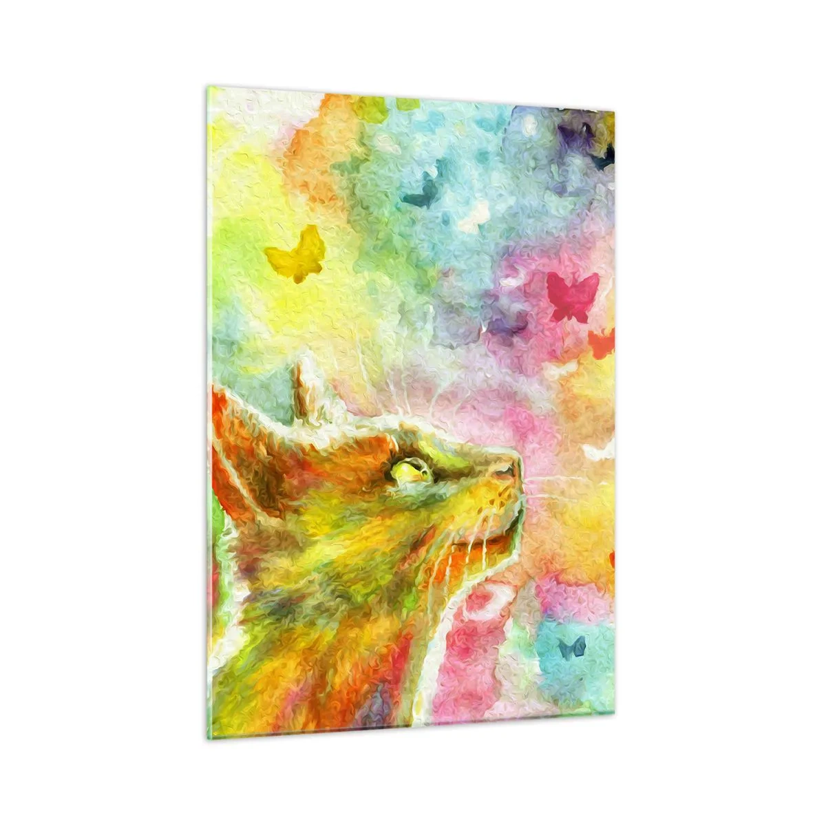 Impression sur verre - Image sur verre - Un chat observant des papillons colorés sur un fond pastel. - 50x70cm - Bayou-bayou au paradis des chats - Décoration murale moderne pour le salon et la chambre ARTTOR