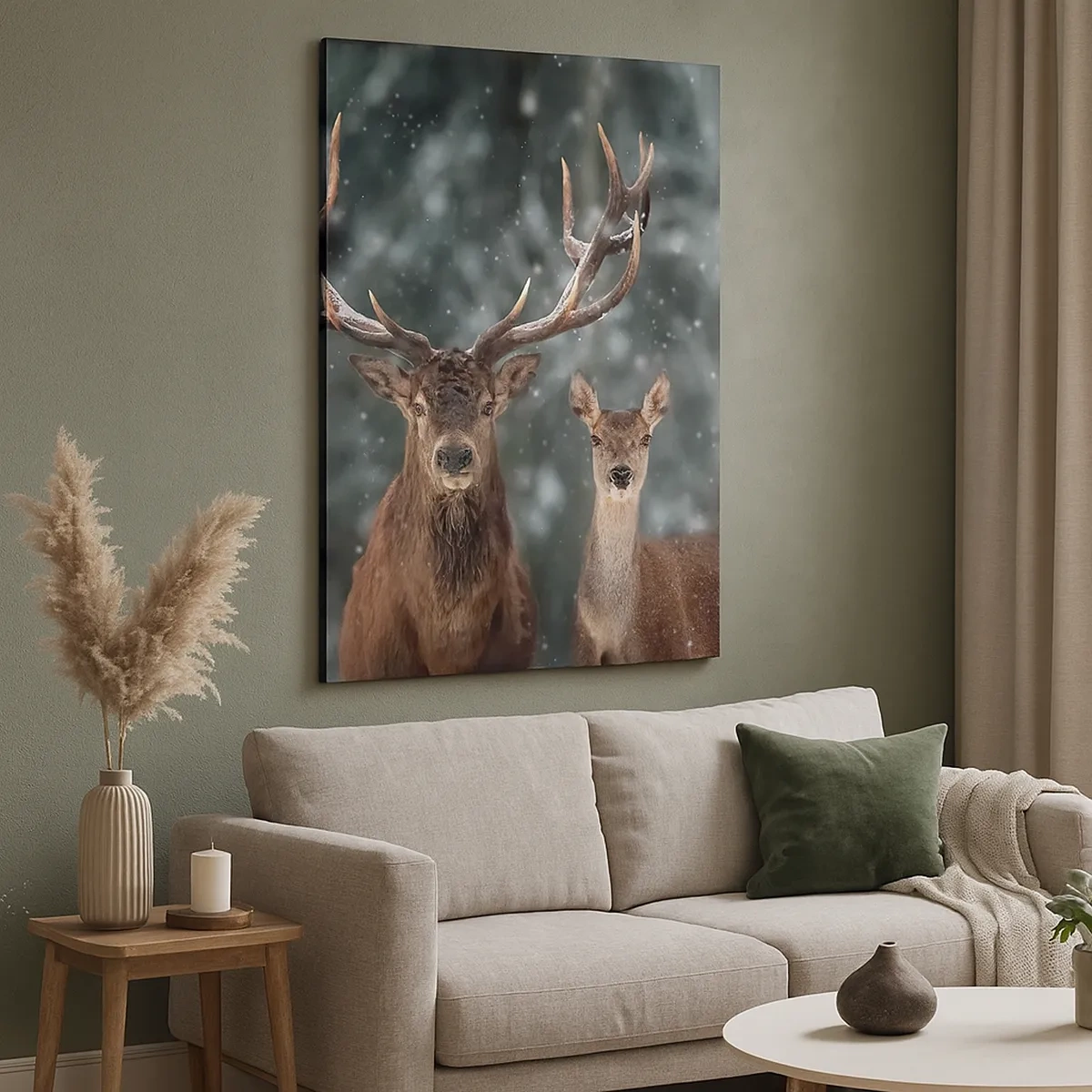 Impression sur toile - Image sur toile - Cerf dans une forêt d'hiver enneigée - 50x70cm - Le roi de la forêt avec sa femme - Décoration murale moderne pour le salon et la chambre ARTTOR