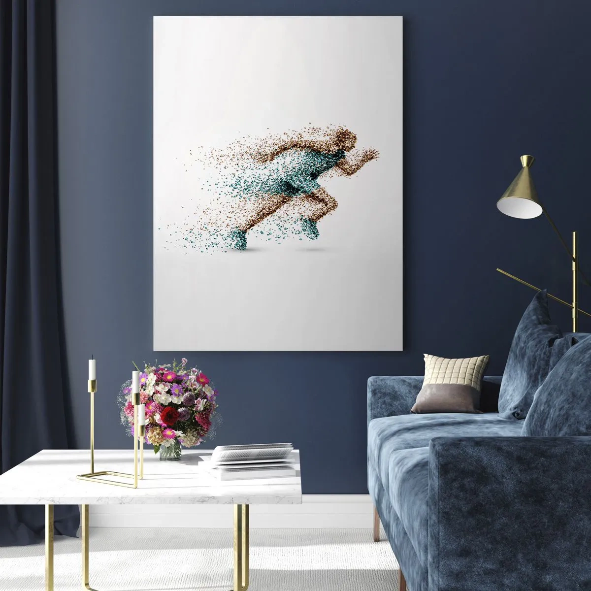 Impression sur verre - Image sur verre - Une figurine de coureur dynamique composée de minuscules particules - 80x120cm - La vie est une course - Décoration murale moderne pour le salon et la chambre ARTTOR