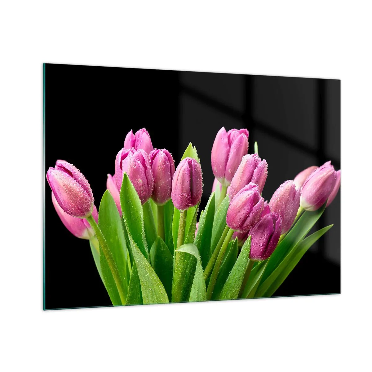 Impression sur verre - Image sur verre - Un bouquet de tulipes roses recouvertes de gouttes d'eau sur fond noir. - 100x70cm - Joie printanière des lilas - Décoration murale moderne pour le salon et la chambre ARTTOR