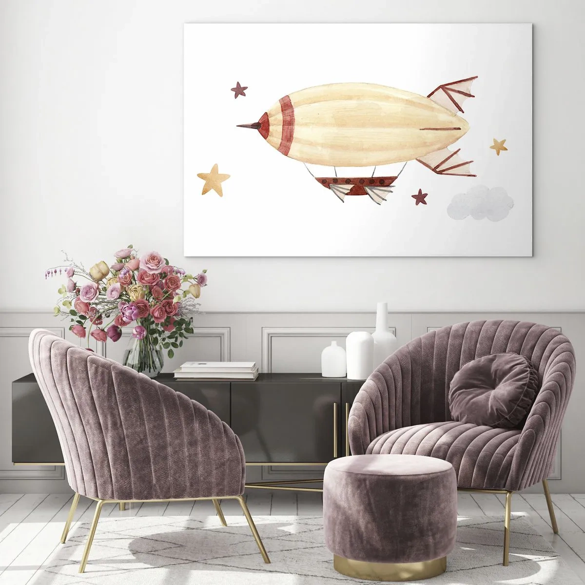 Impression sur verre - Image sur verre - Un dirigeable de dessin animé parmi les étoiles sur fond blanc - 100x70cm - Dirigeable - Décoration murale moderne pour le salon et la chambre ARTTOR