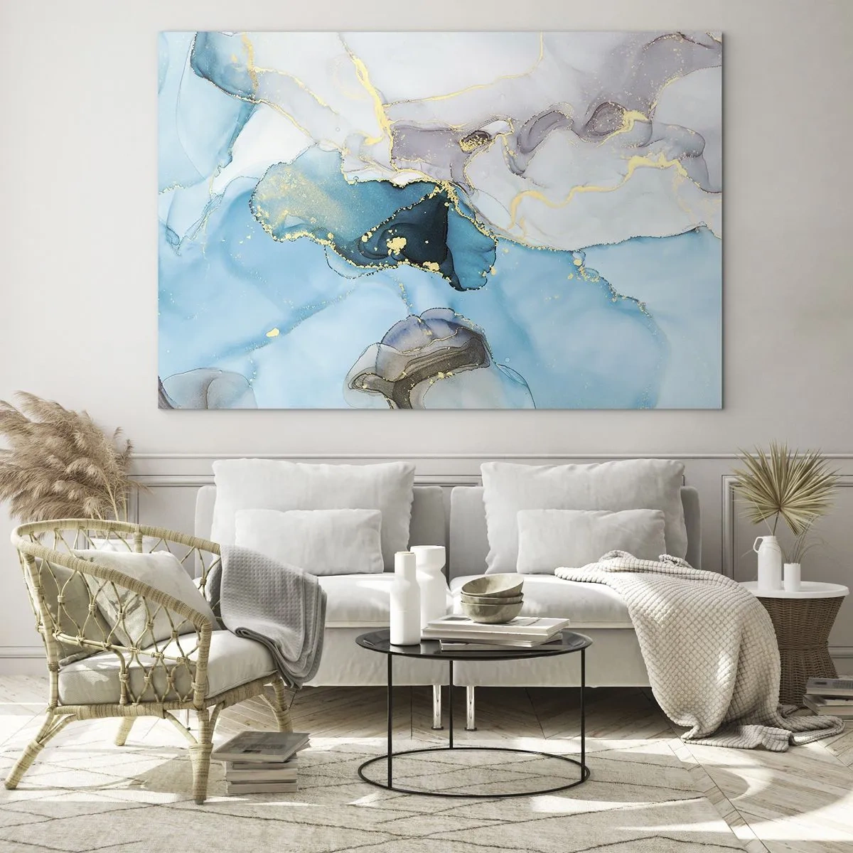 Impression sur verre - Image sur verre - Vagues turquoise et grises avec des accents dorés - 70x50cm - Etude de la rencontre gris et turquoise - Décoration murale moderne pour le salon et la chambre ARTTOR