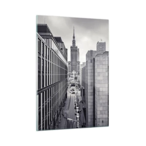 Impression sur verre - Image sur verre - Vue de la ville en noir et blanc avec des gratte-ciel et une rue - 50x70cm - Vallée de Varsovie - Décoration murale moderne pour le salon et la chambre ARTTOR