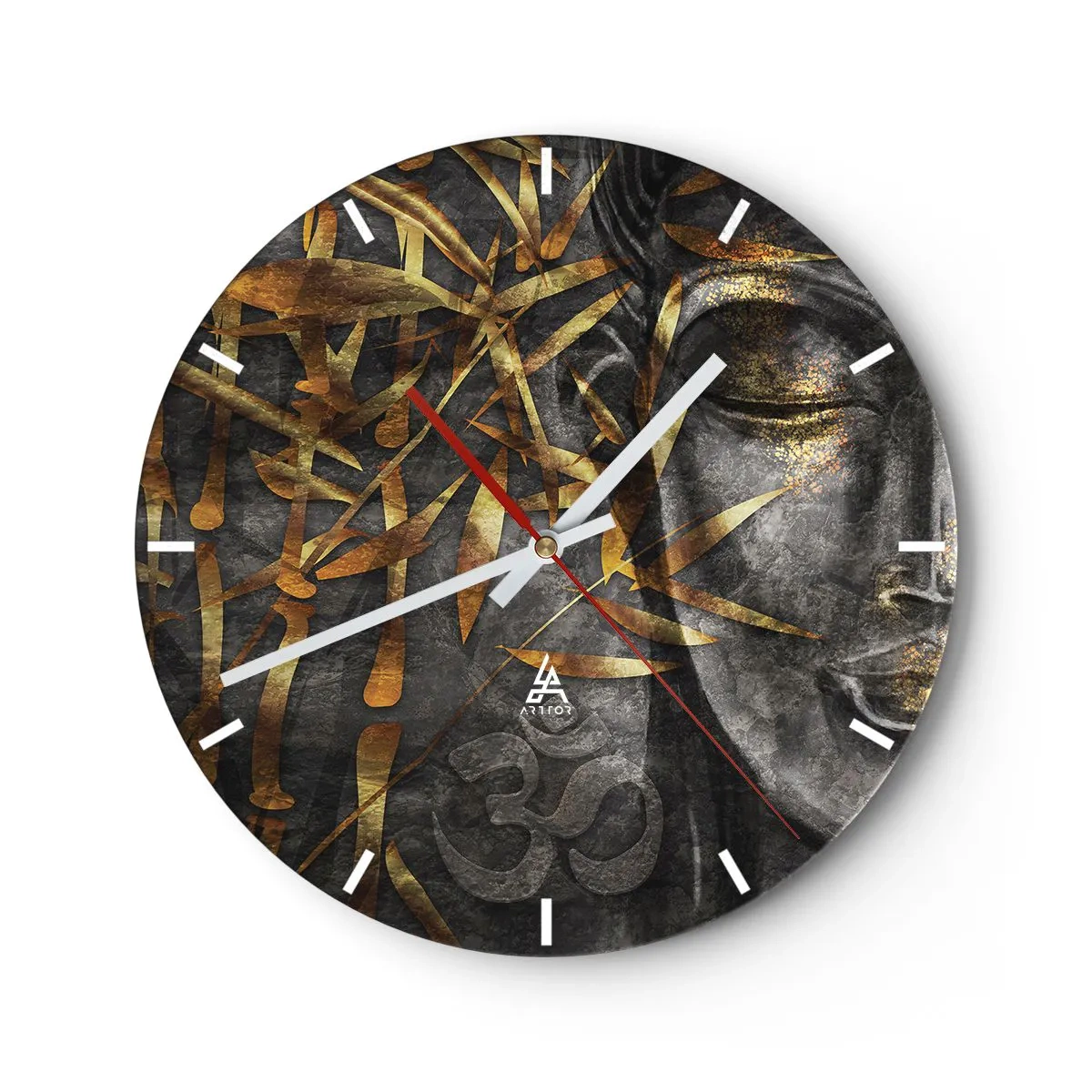Horloge murale - Pendule murale - Image de Bouddha dorée avec motif en bambou et symbole Om - 30x30cm - Ressentir le calme - Décoration murale moderne pour le salon, la cuisine et la chambre ARTTOR