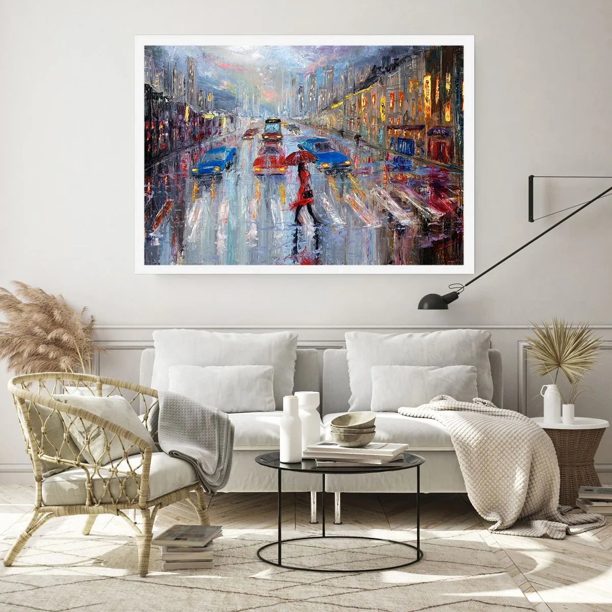 Affiche - Poster - Une femme avec un parapluie dans une rue pluvieuse à la lumière du néon. - 100x70cm - Après-midi pluvieux en ville - Décoration murale moderne pour le salon et la chambre ARTTOR