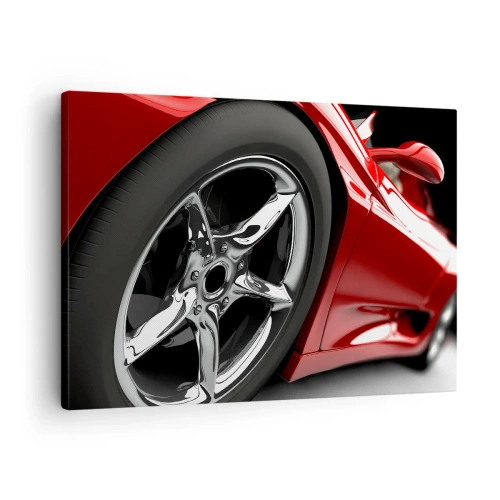 Impression sur toile - Image sur toile - Voiture de sport rouge avec jantes chromées - 70x50cm - Conçu pour la vitesse - Décoration murale moderne pour le salon et la chambre ARTTOR
