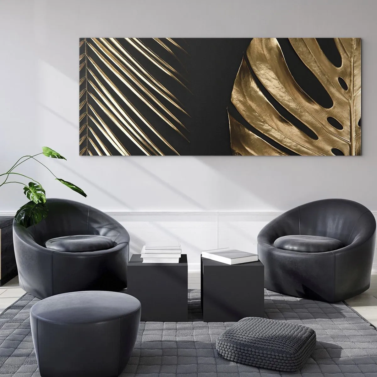 Impression sur verre - Image sur verre - Feuilles dorées sur fond noir - 140x50cm - Différent et tout aussi cher - Décoration murale moderne pour le salon et la chambre ARTTOR