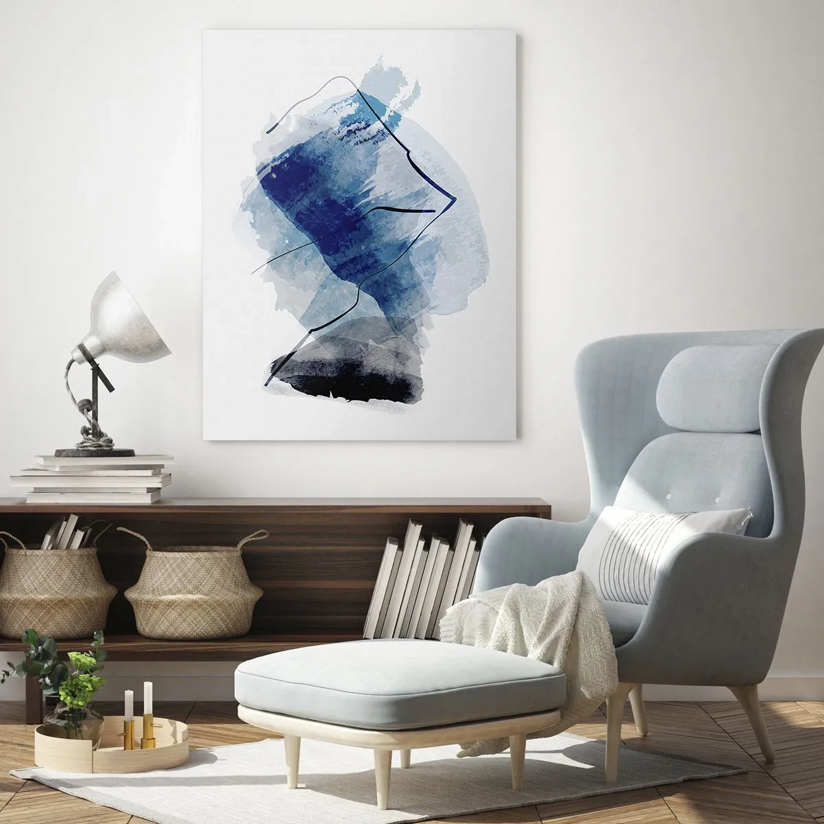 Impression sur verre - Image sur verre - Formes abstraites dans des tons de bleu avec des lignes délicates - 70x100cm - Montagne de glace - Décoration murale moderne pour le salon et la chambre ARTTOR