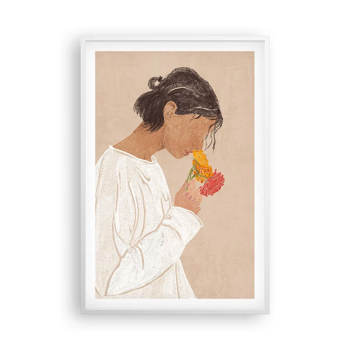 Affiche dans un cadre blanc - Poster - Fille et fleurs - 61x91 cm