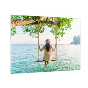 Impression sur verre - Image sur verre - Femme sur une balançoire au bord de la mer dans un décor tropical - 70x50cm - La vie est belle - Décoration murale moderne pour le salon et la chambre ARTTOR